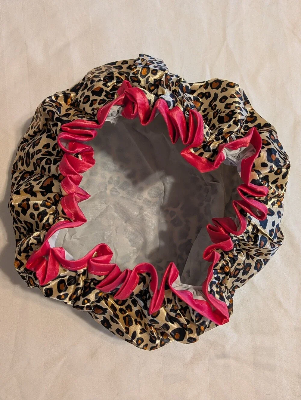 Leopard Print Shower Cap with Hot Pink Trim